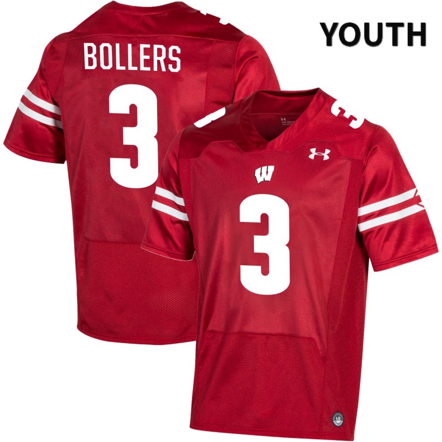 Wisconsin Badgers Youth #3 T.J. Bollers NCAA Under Armour Authentic Red NIL 2022 College Stitched Football Jersey FZ40B24AL